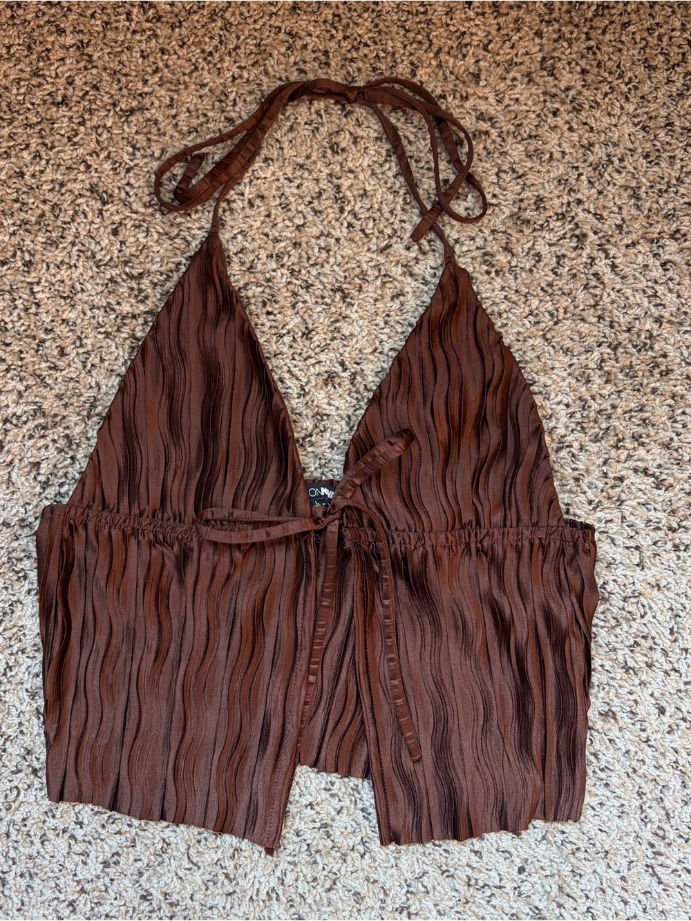 Brown Textured Halter Tie-Front Crop Top